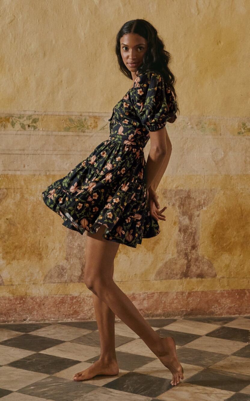 Agua by Agua Bendita Manzanilla Pacifico Black Mini Dress Floral Embroide Size S